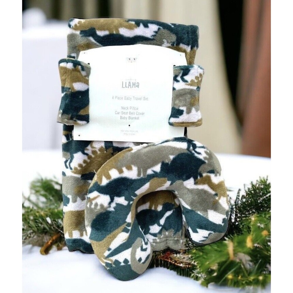 4 Piece Baby Boy's Dinosaur Travel Set Neck Pillow Blanket Belt Covers New